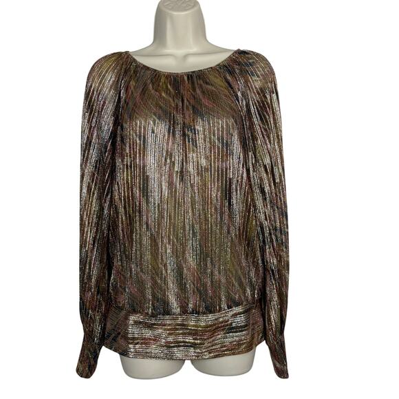 Ramy Brook Gold Lame Blouse Sheer Stripe Metallic Long Sleeve Going Out - S - Picture 2 of 7